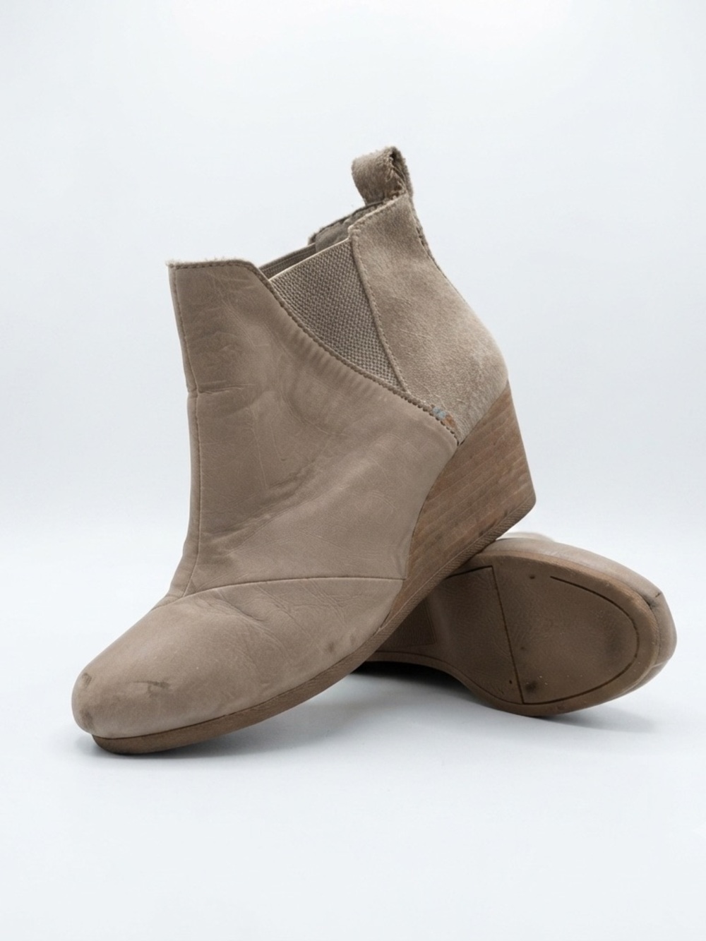 TOMS Kelsey Taupe Leather Suede Wedge Booties 6